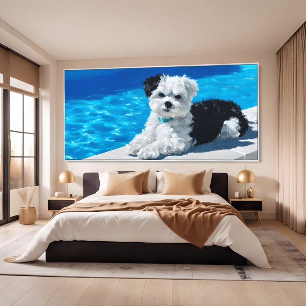 Tablou canvas cu pictura cu catel pufos langa piscina, in rama de aluminiu argintiu, pe perete intr-un dormitor
